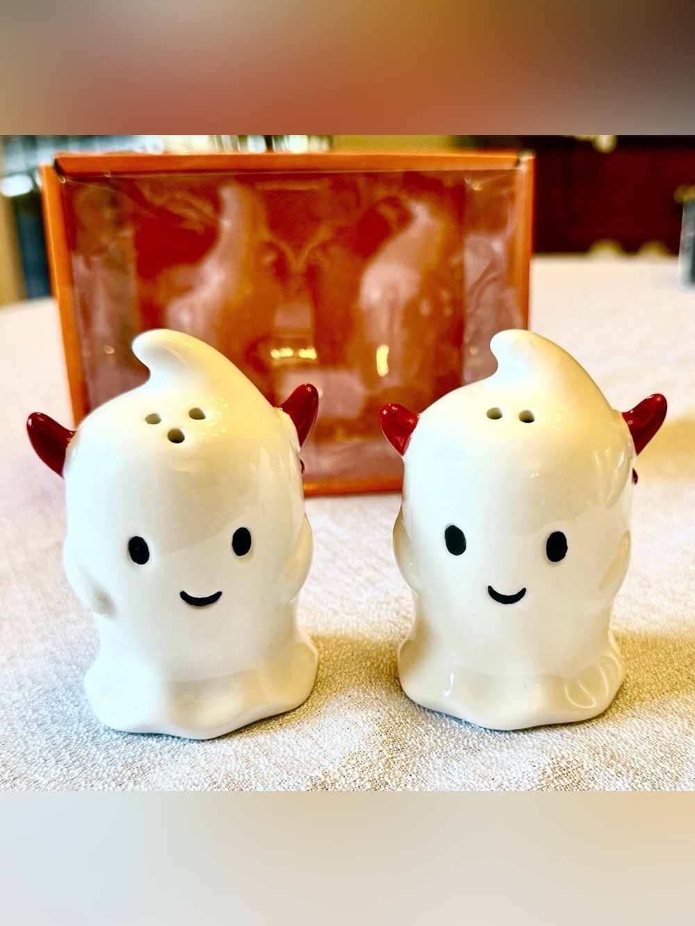 White Ghost Salt and Pepper Shaker Set with Red Horns
